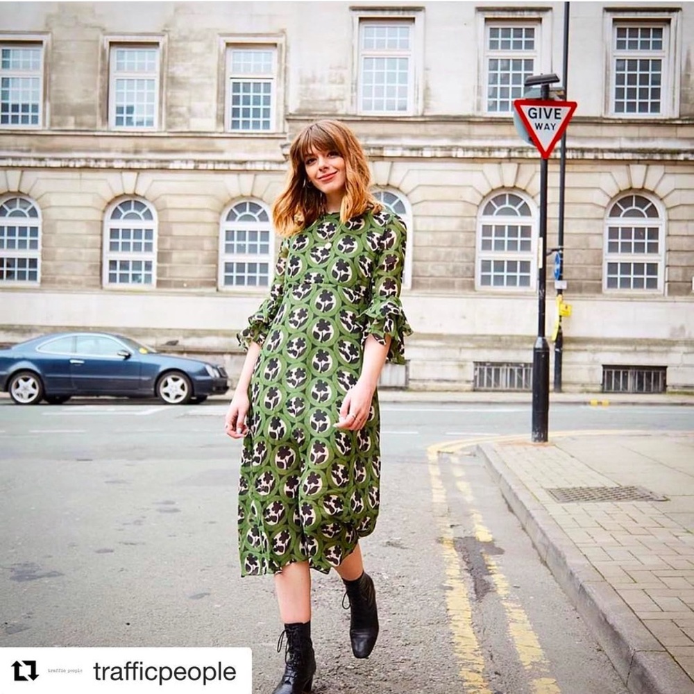 Green Patterned Dress with Ruffled Sleeves